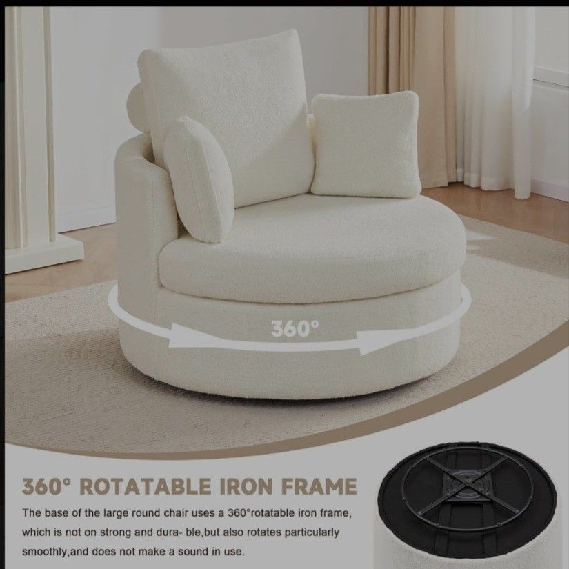 Swivel Chair with Half Moon Storage Ottoman, Round Oversized Barrel Chair with Base Storage for Living Room, 360°Modern Swivel Accent Chair with 3 Pil