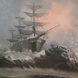 Canvass Dramatic Seascape Large Masted Sailing Ship In Turbulent Waters 
