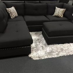 Brand New Reversible Black Linen Sectional Sofa +Ottoman (New In Box) 