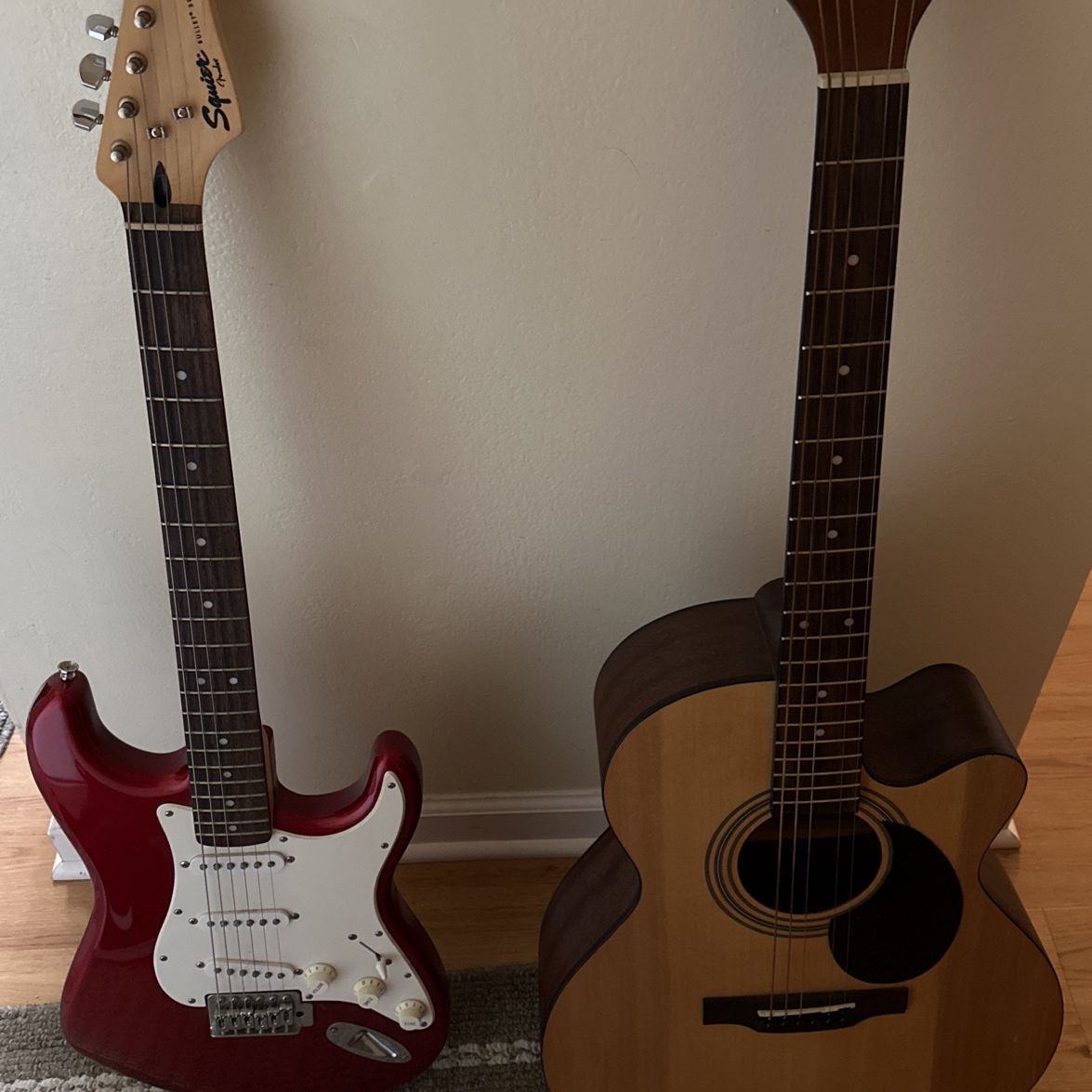 Fender Strat Electric Guitar / Jasmine Acoustic Guitar/ Fender Mustang I Amp