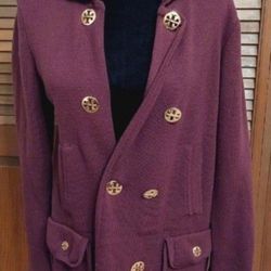Tory Burch Size (M) Medium Maroon Double Breasted Knit 100% Sweater Jacket Wine Longline 