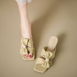 Crystal Chunky Heel Sandals with Fairy-Style Bow, Open-Toe, Mid-Heel, Slip-On, Half-Heel, Soft, Low-Heel for Outdoor Wear, Women Shoes