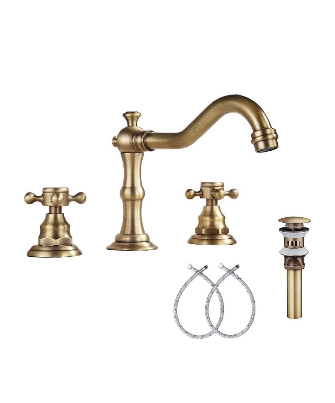 GGStudy 8 inch 2 Handles 3 Holes Widespread Bathroom Sink Faucet Antique Brass Bathroom Vanity Faucet Basin Mixer Tap Faucet Matching Metal Pop Up 🆕