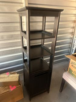 Tall, Cherry Wood/Black Shelf with Cabinet