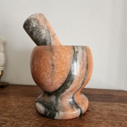 Coral And Gray Marble Stone Mortar & Pestle Set