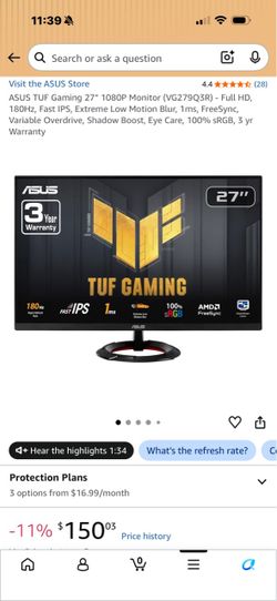ASUS TUF Gaming 27” 1080P Monitor (VG279Q3R) - Full HD, 180Hz, Fast IPS, Extreme Low Motion Blur