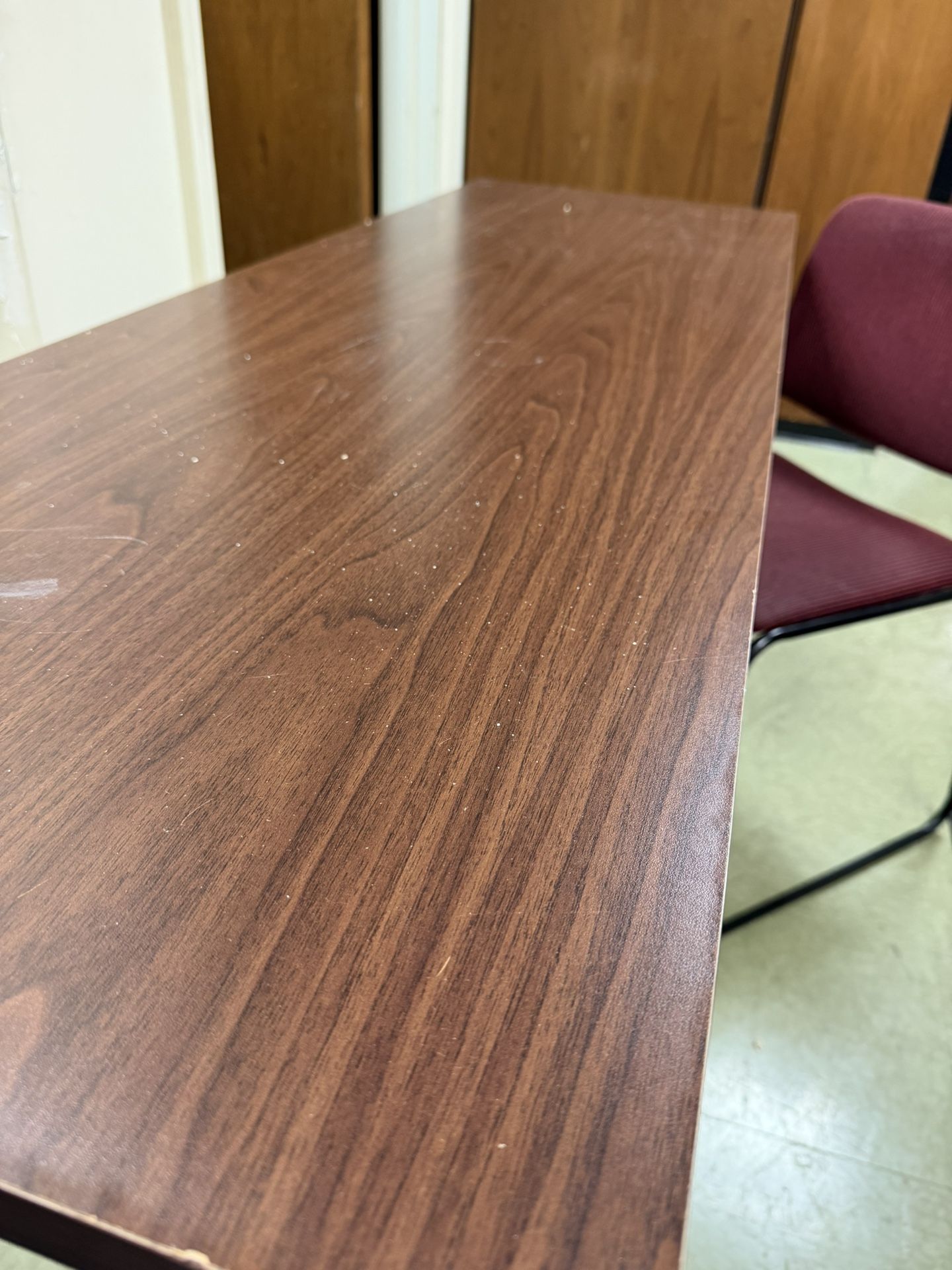 Short Brown Desk With Red Chair