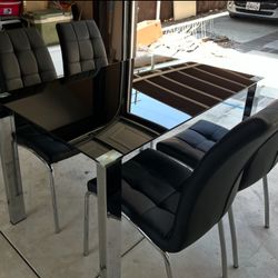 Black Glass Stainless Steel Table & Chairs