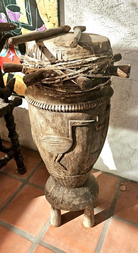 Authentic Hand-Carved African Drum With Drumsticks
