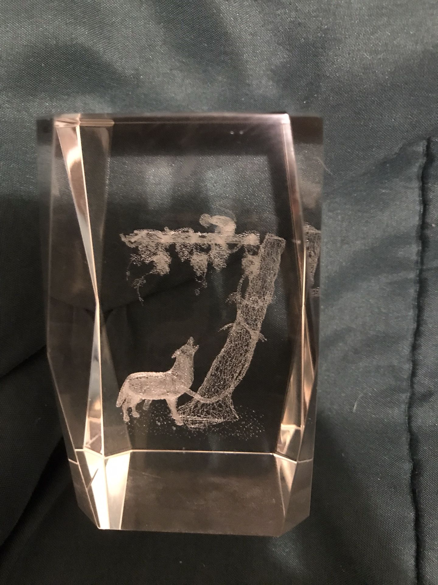 Crystal Glass Paperweight With Lasered Wolf & Monkey