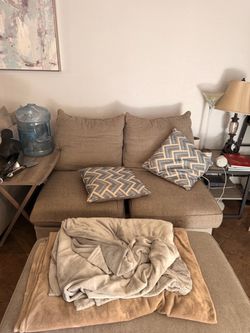 Grey Fabric Loveseat with Ottoman