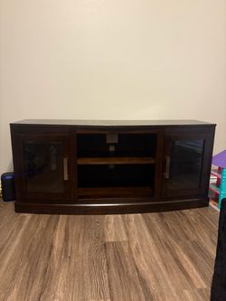 Dark Wood TV Stand with Glass Cabinet Doors