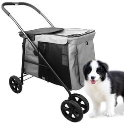 NEW 4 Wheel Grey Pet Dog Stroller Wagon (Up to 135 lbs) w/Storage Bag - $180 Retail 