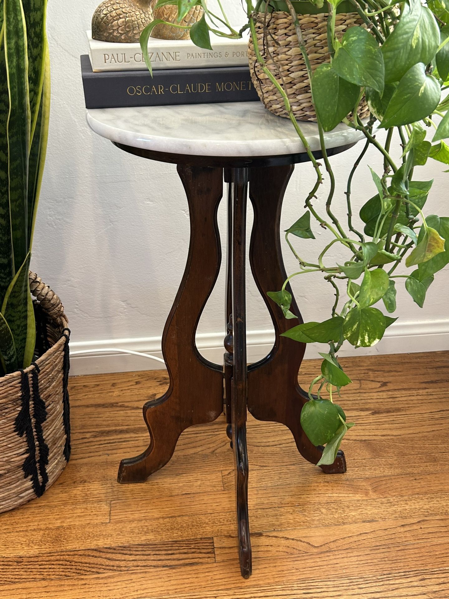  Antique Walnut & Marble Pedestal Table Victorian Parlor End Side Entryway Small Space Vintage