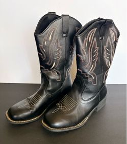 Hawkwell New Women Mid Calf Cowboy Boots Embroidered Square Toe Coffee Black Sz 9