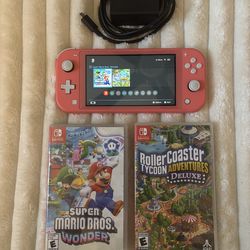 Nintendo Switch Lite Coral Pink Bundle w/ Charger + 2 Games - Excellent