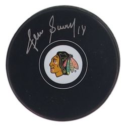 Denis Savard Signed Chicago Blackhawks Logo Puck–Schwartz COA– NHL Hall of Famer