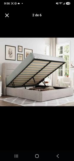Queen bed Lift Up Hydraulic Storage Bed Frame Light Beige
Modern Wingback Headboard, Hydraulic Support Storage, No Box Spring Needed