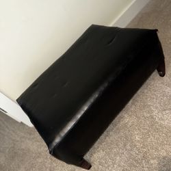 Small Black Leather Bench Ottoman With Brown Wooden Legs