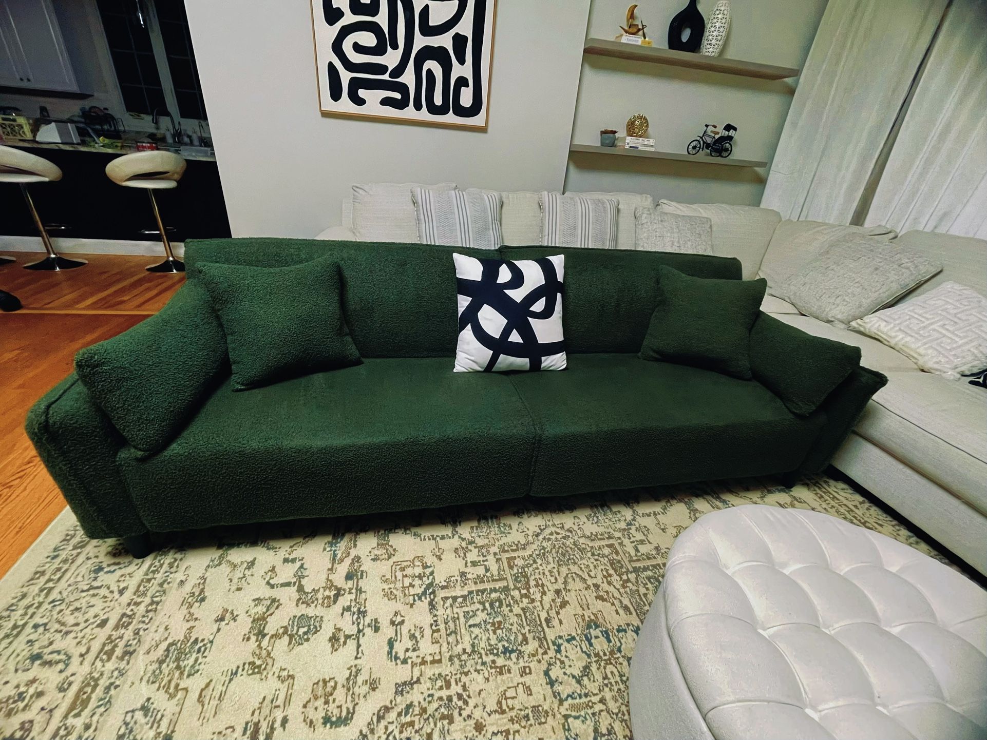 Free Delivery! Modern 95” Dark Olive Couch in great condition.Fully Clean from Smoke & Pet free home