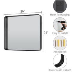 Black Wall Mirror for Bathroom, 24x36 Inch Matte Deep Framed Rounded Rectangle Vanity Mirror