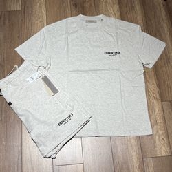 Essentials Fear Of God Light Oatmeal Tee Shirt And Shorts (XS-XL)