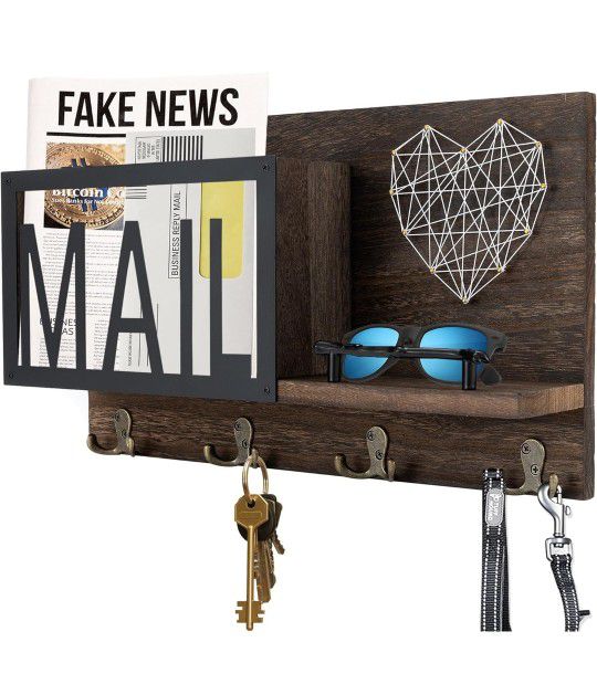 New Mail Organizer Wall Mount with 4 Key Hooks

