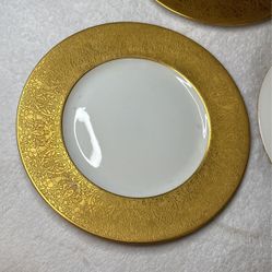 Wide Gold Encrusted Floral And Fruit Band Dinner Plates