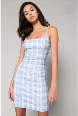Women's dress featuring a blue and white plaid pattern.