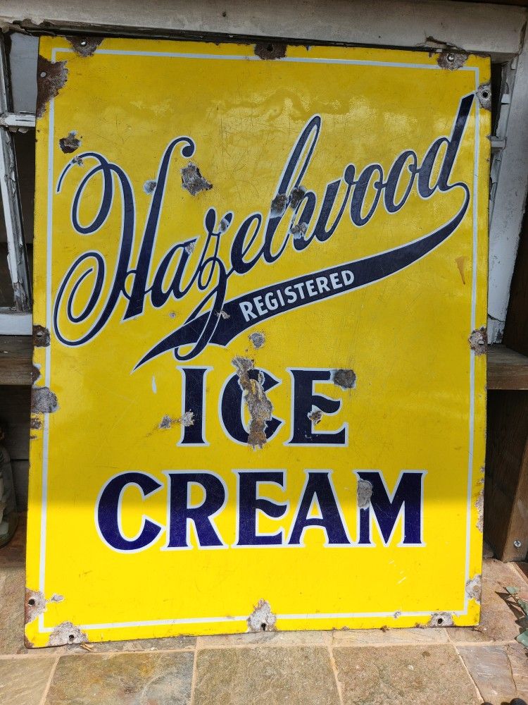 Antique, Vintage, Metal enameled Hazelwood Ice Cream Sign