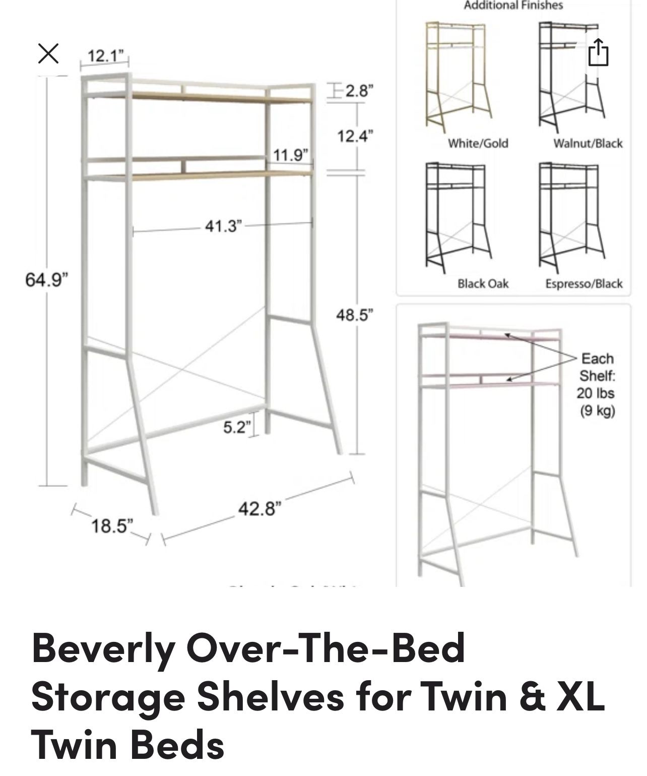 Over The bed storage Hutch For Twin /Twin XL