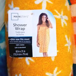 Towel Shower Wrap - Mustard Yellow with White Flowers