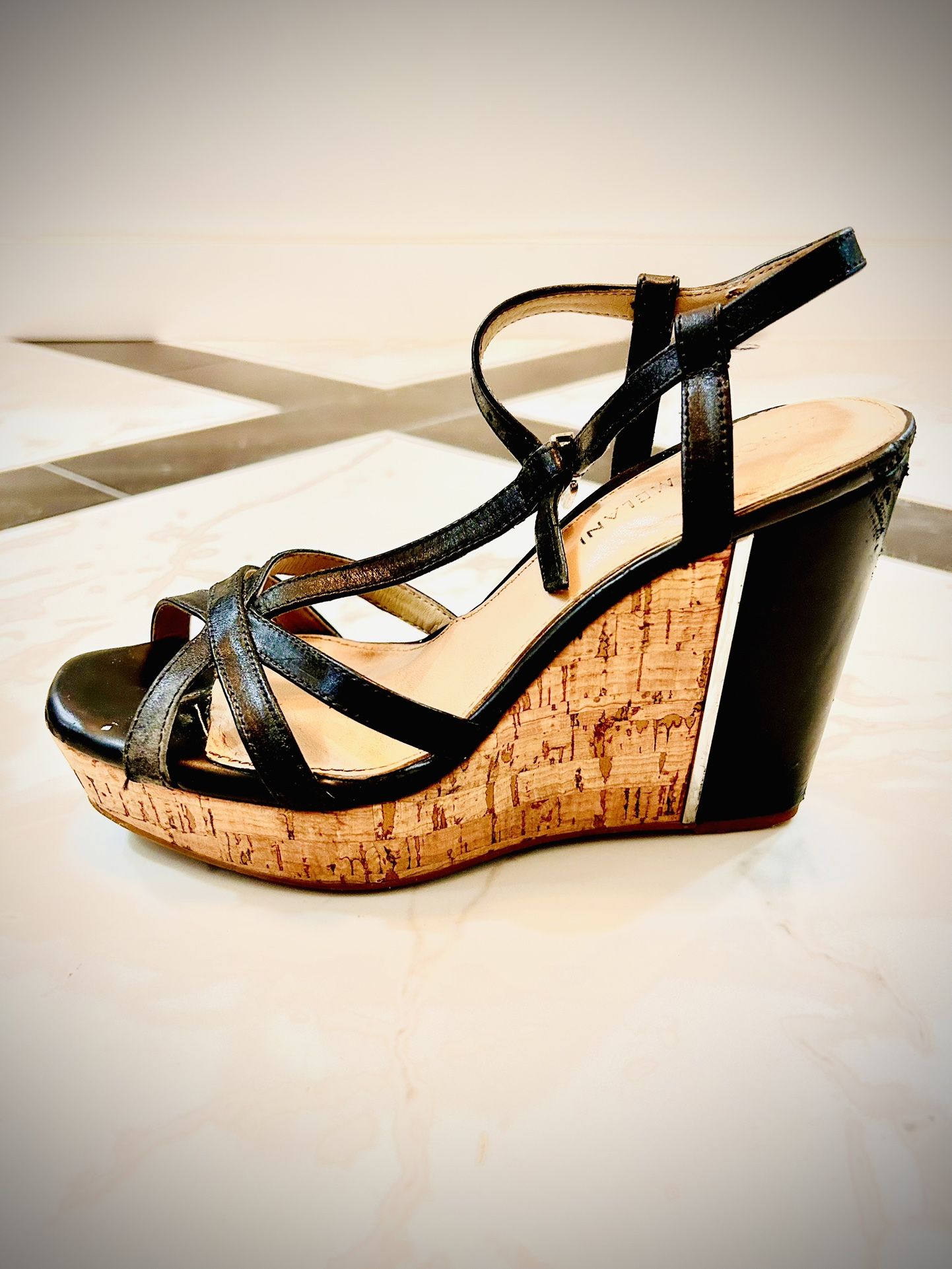 Antonio Melani Black Leather Strap Wedge Sandals Women's Size 6