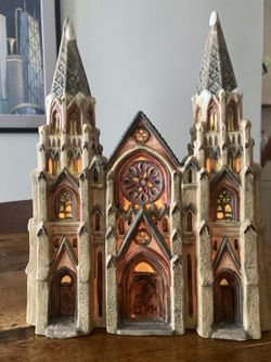 Christmas Lighted Church W/ Stained Glass Windows