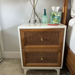 White Cane Front Nightstand w/ Brass Knobs – 2 Drawer