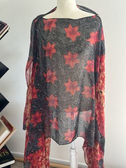Sheer red & black floral kaftan or kimono top