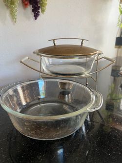 VTG MCM Fire King 2 Casserole Gold pear design 2QT with warming stand
