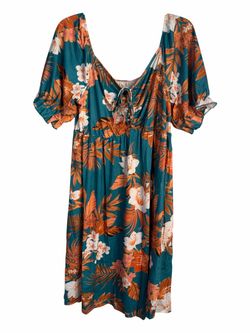 Women's Teal Floral Print Tie Midi Dress Size 1XL