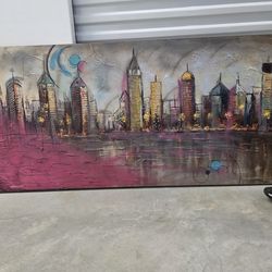 Large Painting Of City And Water/abstract Painting Of Land/Water/purple Flowers