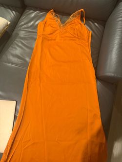 Orange Satin Slip Dress with Lace Trim