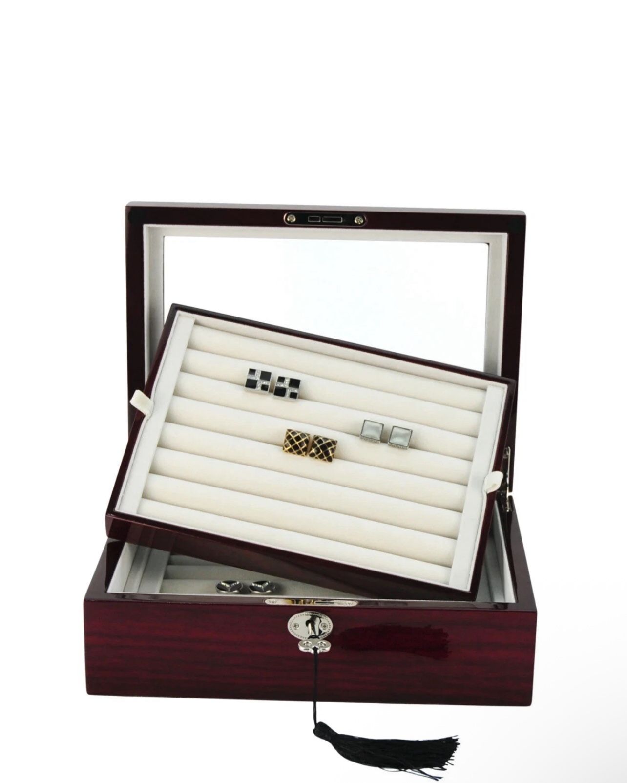 Deluxe Jewelry Cufflinks Collector's Storage Presentation Box Case Mahogany Double-Decker Gift