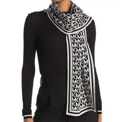 Michael Kors MK Bordered Logo Reversible Winter Scarf Knit Black/White New 11x62