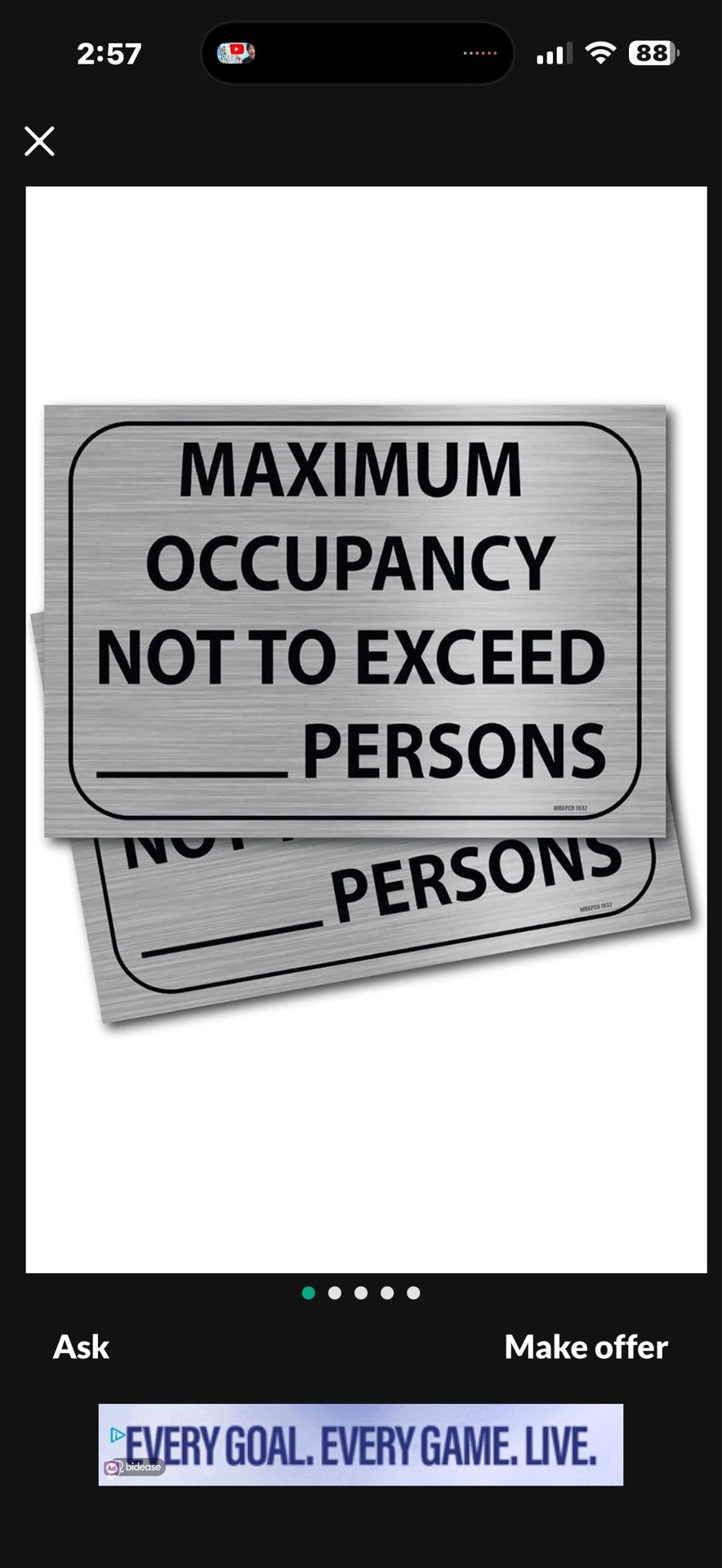 (2 Pack) Maximum Occupancy Sign 7" X 10" Self Adhesive Vinyl Stickers Decal Rest    (  2 Sing for $5. )