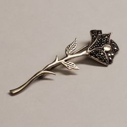 Gorgeous Vintage Sterling Silver 925 And Marcasite Stone Rose Brooch Pin
