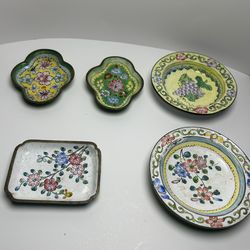 Antique Chinese Canton Enamel on Copper Trays Set of 5 Qing Dynasty Floral