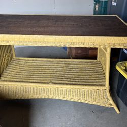 wood and wicker console table