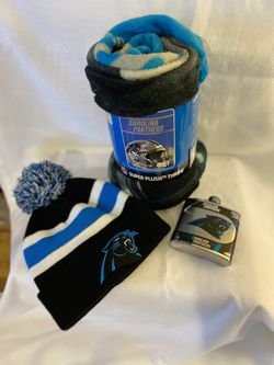 Carolina Panthers blanket beanie and whiskey flask
