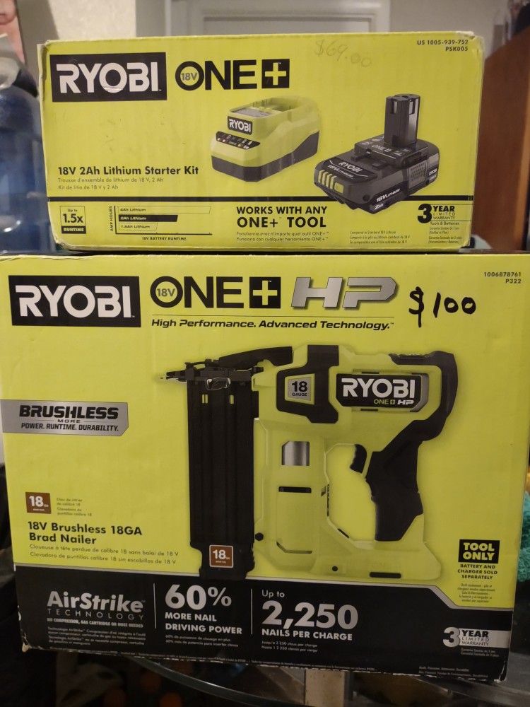 RYOBI ONE PLUS HP BRAD NAILER & 18V LITHIUM BATTERY