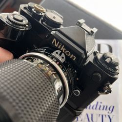 Nikon FE Black Body SLR 35mm Film Camera with MD-12 Drive Grip + Zoom Nikkor 43-86mm f/3.5 Lens