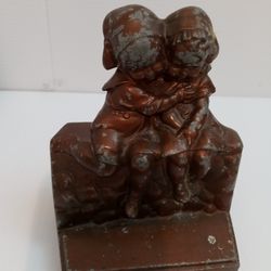 Vintage Antique Bronze Metal Bookends of Two Kids Embracing.